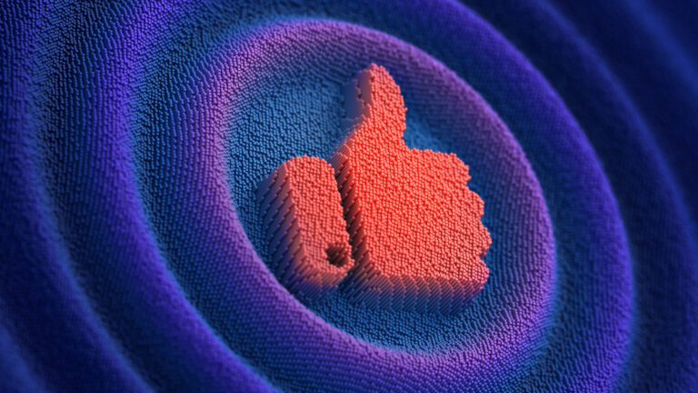 Bilde av en "like" tommel som peker oppover. Tommelen er satt i flere fargerike sirkler for å sybolisere merkevarebygging.